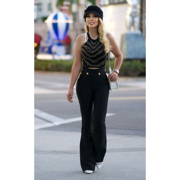 DAIMARAN Prague Women's Pants Flared Black High Waisted Trousers Buttons M - Picture 1 of 4